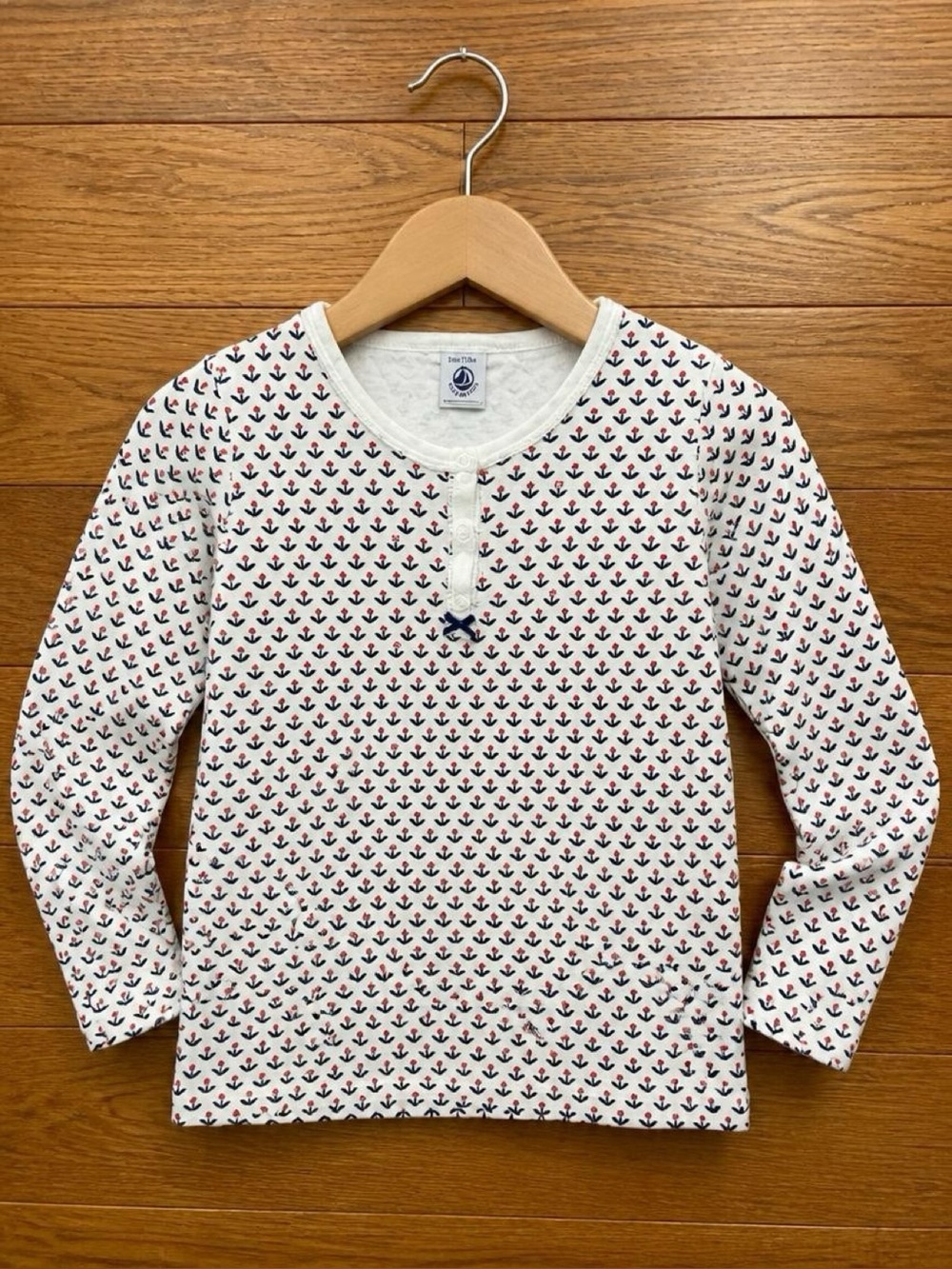Petit Bateau Girls 8 128cm Floral Long Sleeve Henley Shirt Red Navy